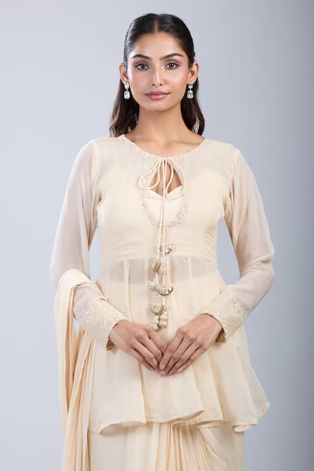 Shop Samyukta Singhania Beige Chinon, Tissue Beads V-neck, Embellished Jacket And Pre-draped Saree Set Shop_Samyukta Singhania_Beige Chinon, Tissue Beads V-neck, Embellished Jacket And Pre-draped Saree Set