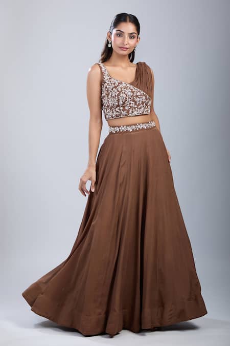 Buy_Samyukta Singhania_Brown Chinon Embroidery Asymmetric Embellished Blouse With Skirt _Online_at_Aza_Fashions