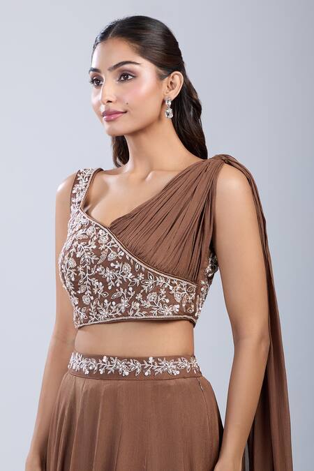 Samyukta Singhania_Brown Chinon Embroidery Asymmetric Embellished Blouse With Skirt _at_Aza_Fashions