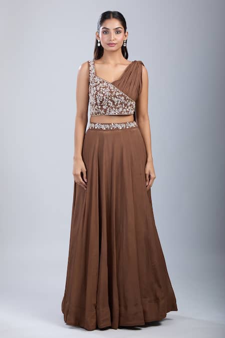 Buy_Samyukta Singhania_Brown Chinon Embroidery Asymmetric Embellished Blouse With Skirt 