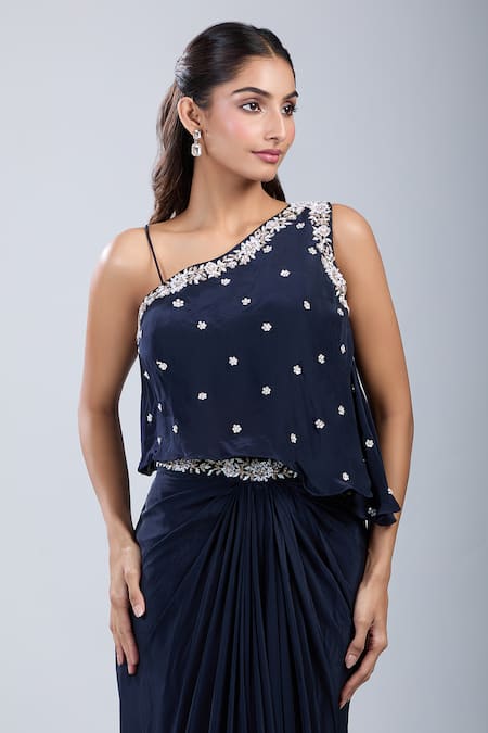 Shop_Samyukta Singhania_Black Crepe Diamonds Asymmetric Embellished Blouse With Skirt _Online_at_Aza_Fashions