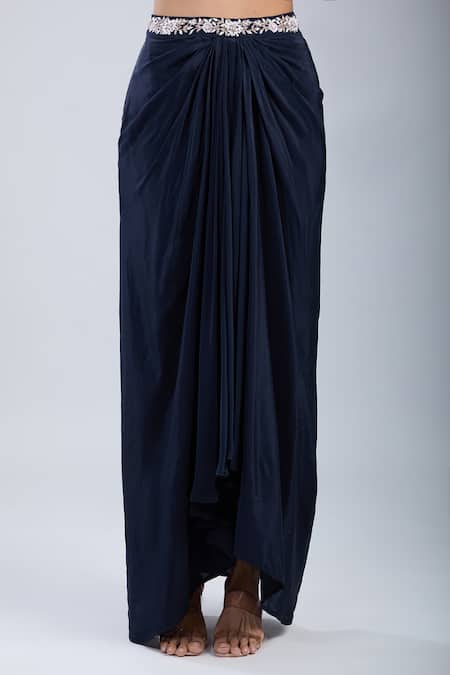 Samyukta Singhania_Black Crepe Diamonds Asymmetric Embellished Blouse With Skirt _at_Aza_Fashions