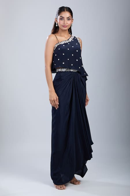 Buy_Samyukta Singhania_Black Crepe Diamonds Asymmetric Embellished Blouse With Skirt 
