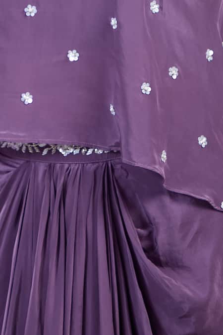 Buy_Samyukta Singhania_Purple Chinon Cut Work, Embroidery Asymmetric Embellished Blouse With Skirt _Online_at_Aza_Fashions