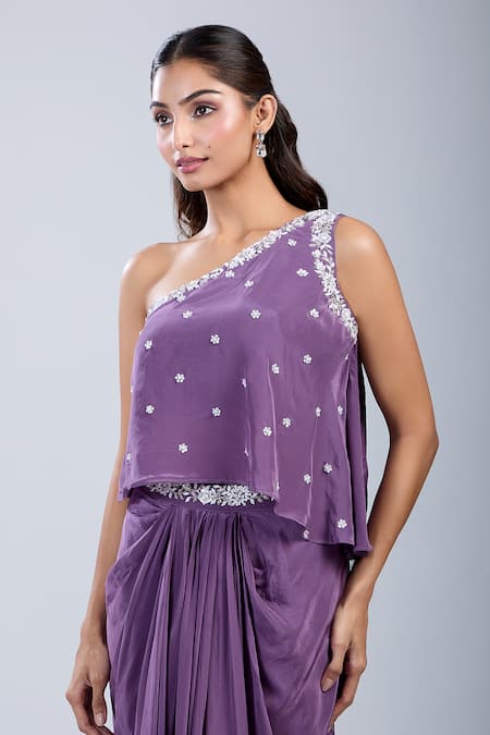 Samyukta Singhania_Purple Chinon Cut Work, Embroidery Asymmetric Embellished Blouse With Skirt _at_Aza_Fashions