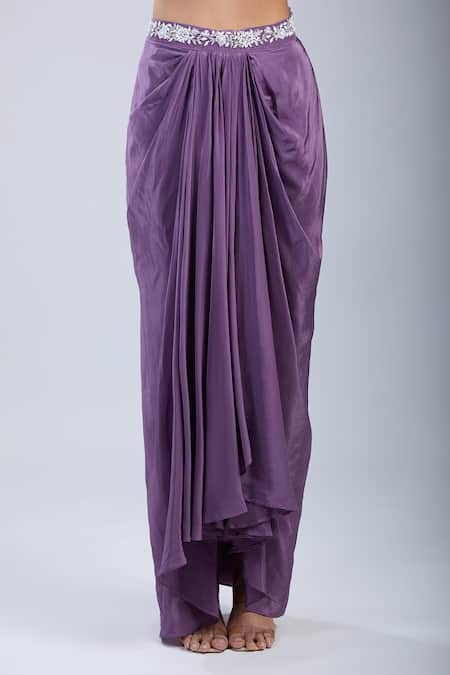 Buy_Samyukta Singhania_Purple Chinon Cut Work, Embroidery Asymmetric Embellished Blouse With Skirt 