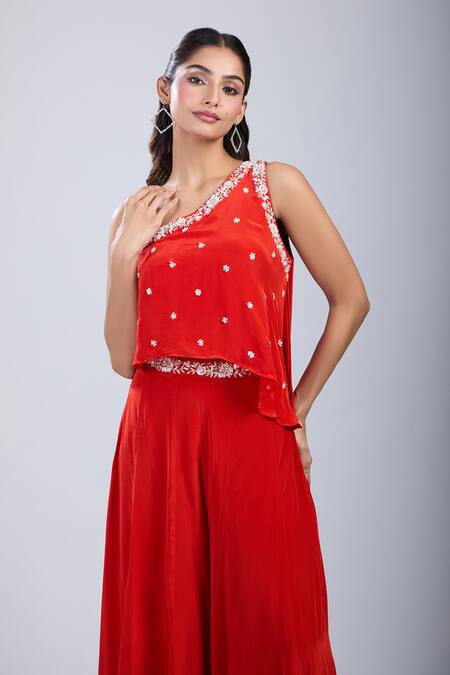 Shop_Samyukta Singhania_Orange Chinon Embroidery One Shoulder Embellished Top With Palazzo _Online_at_Aza_Fashions