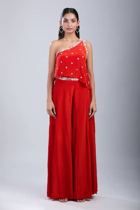Buy_Samyukta Singhania_Orange Chinon Embroidery One Shoulder Embellished Top With Palazzo 