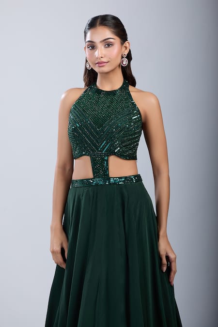 Buy Samyukta Singhania Green Chinon Sequins, Embroidery Halter Neck Embellished Cutwork Gown Online at Aza Fashions Buy_Samyukta Singhania_Green Chinon Sequins, Embroidery Halter Neck Embellished Cutwork Gown _Online_at_Aza_Fashions