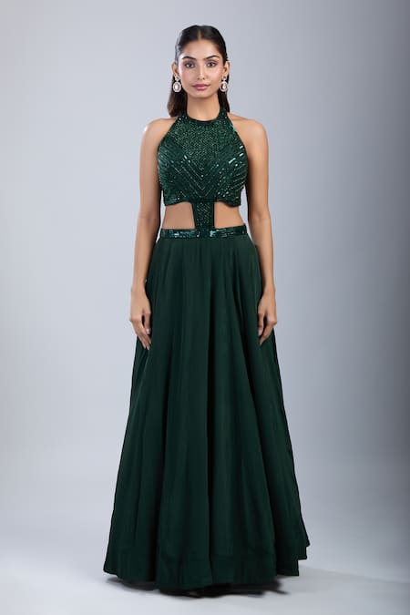 Shop Samyukta Singhania Green Chinon Sequins, Embroidery Halter Neck Embellished Cutwork Gown Online at Aza Fashions Shop_Samyukta Singhania_Green Chinon Sequins, Embroidery Halter Neck Embellished Cutwork Gown _Online_at_Aza_Fashions