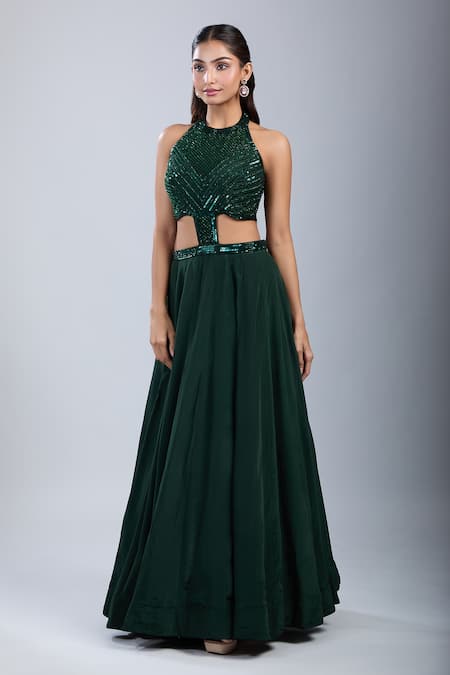 Samyukta Singhania Green Chinon Sequins, Embroidery Halter Neck Embellished Cutwork Gown at Aza Fashions Samyukta Singhania_Green Chinon Sequins, Embroidery Halter Neck Embellished Cutwork Gown _at_Aza_Fashions