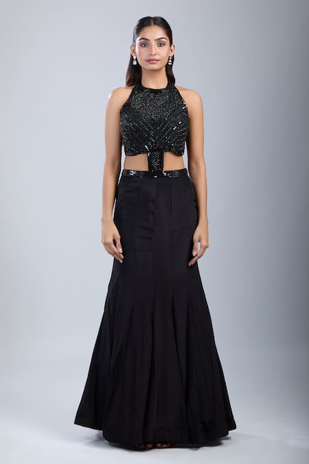 Buy Samyukta Singhania Black Chinon Embroidery Halter Neck Embellished Cutwork Gown Online at Aza Fashions Buy_Samyukta Singhania_Black Chinon Embroidery Halter Neck Embellished Cutwork Gown _Online_at_Aza_Fashions