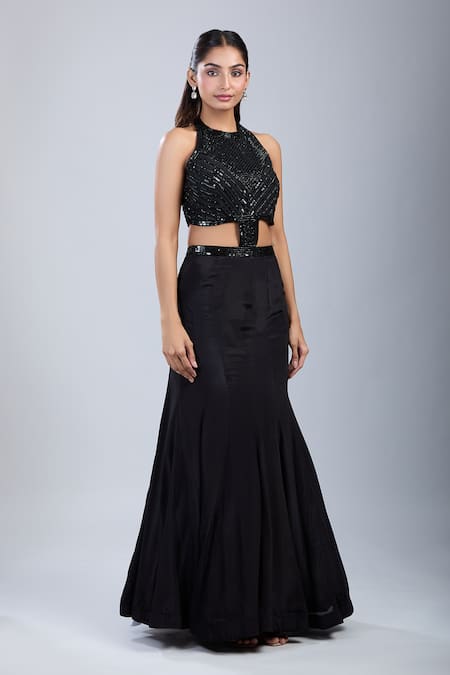 Shop Samyukta Singhania Black Chinon Embroidery Halter Neck Embellished Cutwork Gown Online at Aza Fashions Shop_Samyukta Singhania_Black Chinon Embroidery Halter Neck Embellished Cutwork Gown _Online_at_Aza_Fashions
