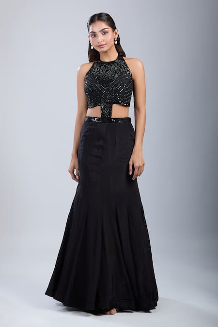 Samyukta Singhania Black Chinon Embroidery Halter Neck Embellished Cutwork Gown at Aza Fashions Samyukta Singhania_Black Chinon Embroidery Halter Neck Embellished Cutwork Gown _at_Aza_Fashions