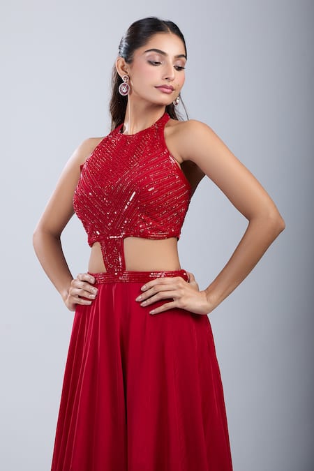 Shop_Samyukta Singhania_Red Chinon Sequins, Beads Halter Neck Embellished Cutwork Gown _Online_at_Aza_Fashions