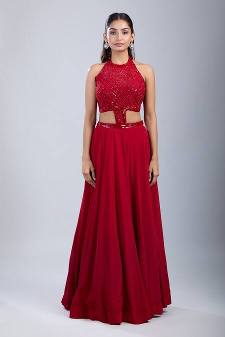 Samyukta Singhania_Red Chinon Sequins, Beads Halter Neck Embellished Cutwork Gown _at_Aza_Fashions