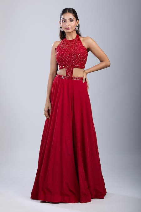 Buy_Samyukta Singhania_Red Chinon Sequins, Beads Halter Neck Embellished Cutwork Gown 