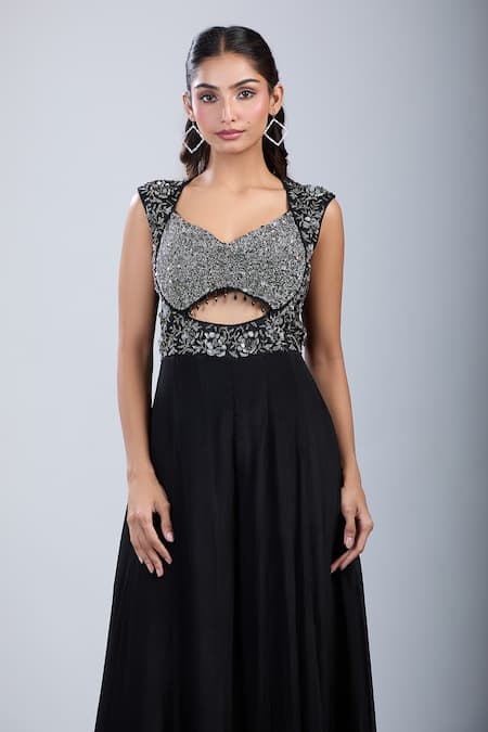 Buy_Samyukta Singhania_Black Chinon Sequins, Embroidery Leaf Neck Embellished Cutwork Jumpsuit _Online_at_Aza_Fashions