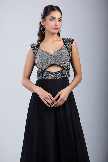 Shop_Samyukta Singhania_Black Chinon Sequins, Embroidery Leaf Neck Embellished Cutwork Jumpsuit _Online_at_Aza_Fashions