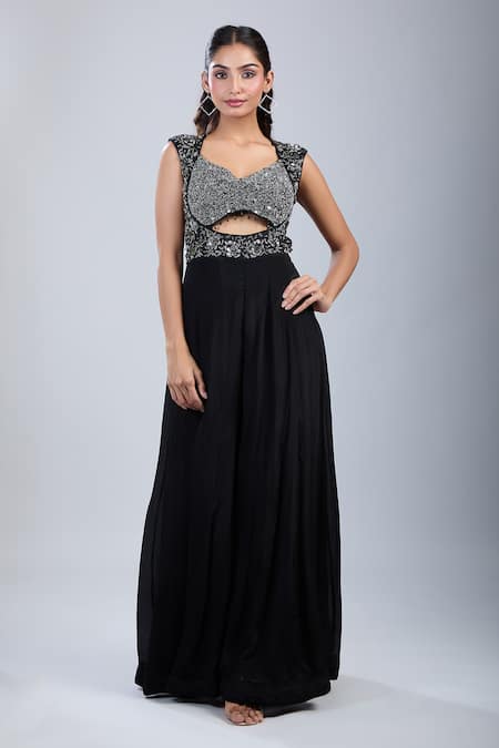 Samyukta Singhania Black Chinon Sequins, Embroidery Leaf Neck Embellished Cutwork Jumpsuit 