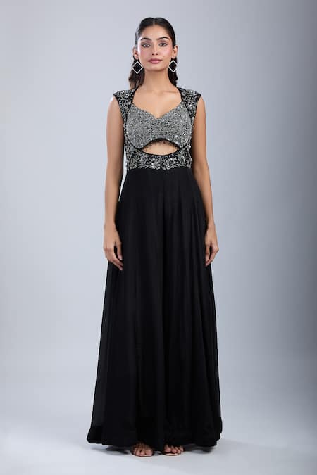 Samyukta Singhania_Black Chinon Sequins, Embroidery Leaf Neck Embellished Cutwork Jumpsuit _at_Aza_Fashions