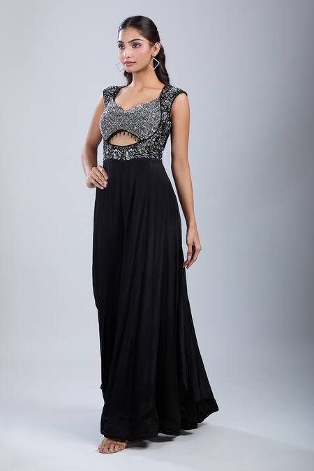 Buy_Samyukta Singhania_Black Chinon Sequins, Embroidery Leaf Neck Embellished Cutwork Jumpsuit 