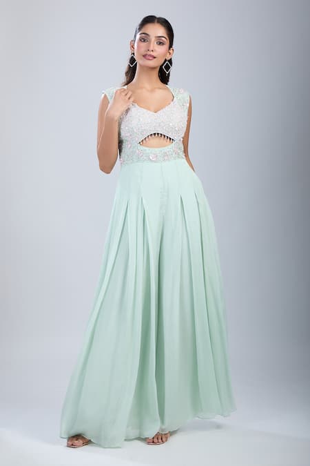 Samyukta Singhania Green Chinon Sequins, Embroidery Scoop Neck Embellished Cutwork Jumpsuit 