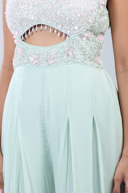 Buy_Samyukta Singhania_Green Chinon Sequins, Embroidery Scoop Neck Embellished Cutwork Jumpsuit _Online_at_Aza_Fashions