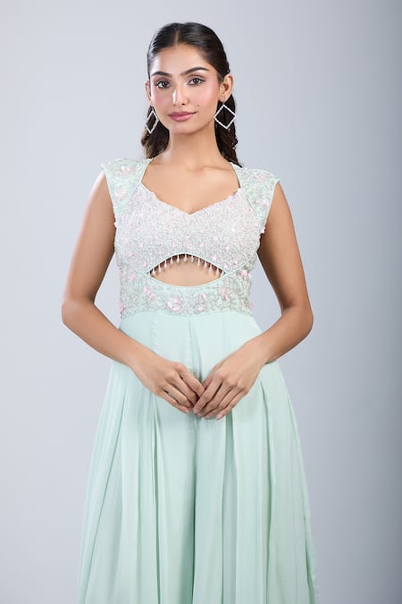 Shop_Samyukta Singhania_Green Chinon Sequins, Embroidery Scoop Neck Embellished Cutwork Jumpsuit _Online_at_Aza_Fashions