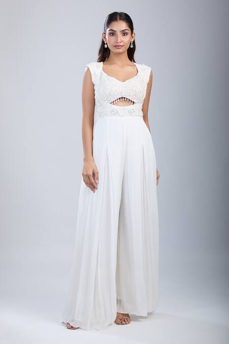 Buy_Samyukta Singhania_White Chinon Sequins, Embroidery Scoop Neck Embellished Cutwork Jumpsuit _Online_at_Aza_Fashions