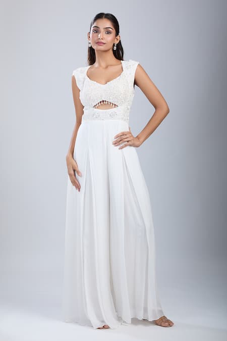 Samyukta Singhania White Chinon Sequins, Embroidery Scoop Neck Embellished Cutwork Jumpsuit 
