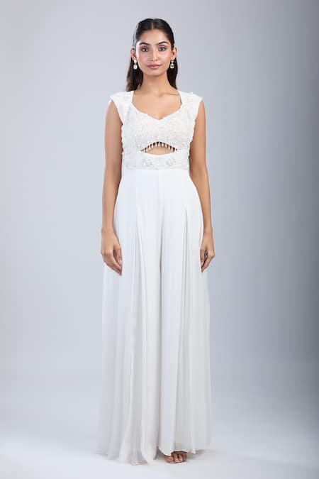 Shop_Samyukta Singhania_White Chinon Sequins, Embroidery Scoop Neck Embellished Cutwork Jumpsuit _Online_at_Aza_Fashions