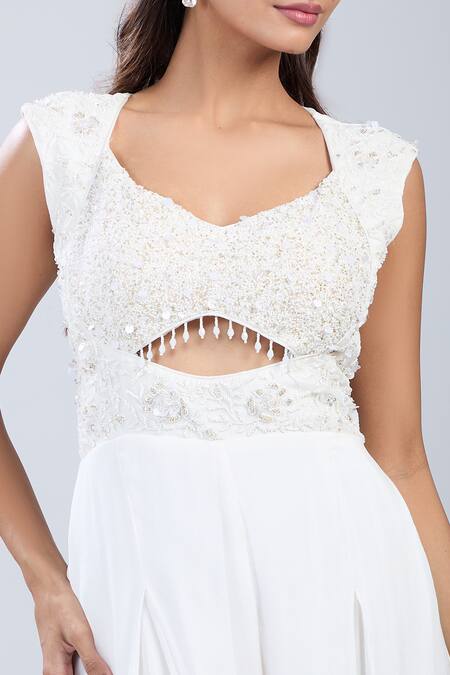 Buy_Samyukta Singhania_White Chinon Sequins, Embroidery Scoop Neck Embellished Cutwork Jumpsuit 
