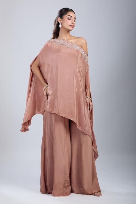 Shop Samyukta Singhania Brown Crepe Embroidery, Sequins Asymmetric Embellished Tunic With Sharara Online at Aza Fashions Shop_Samyukta Singhania_Brown Crepe Embroidery, Sequins Asymmetric Embellished Tunic With Sharara _Online_at_Aza_Fashions