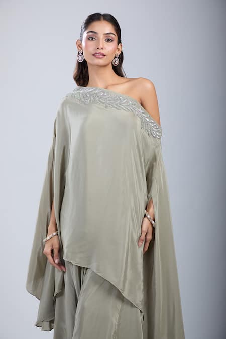 Shop_Samyukta Singhania_Green Crepe Sequins, Embroidery Asymmetric Embellished Tunic With Sharara _Online_at_Aza_Fashions