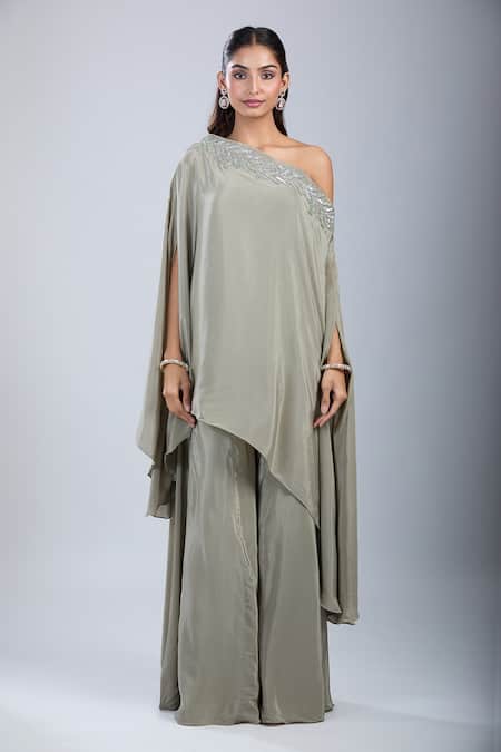 Samyukta Singhania_Green Crepe Sequins, Embroidery Asymmetric Embellished Tunic With Sharara _at_Aza_Fashions