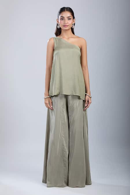 Buy_Samyukta Singhania_Green Crepe Sequins, Embroidery Asymmetric Embellished Tunic With Sharara 