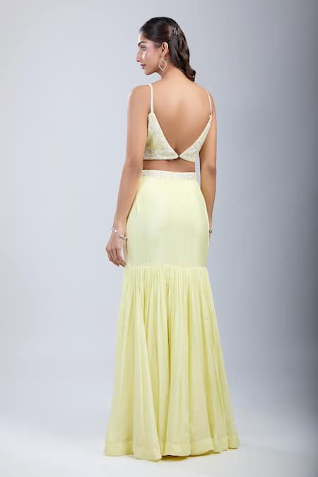 Samyukta Singhania_Yellow Chinon Sequins, Embroidery V-neck Embellished Blouse And Skirt Set _Online_at_Aza_Fashions