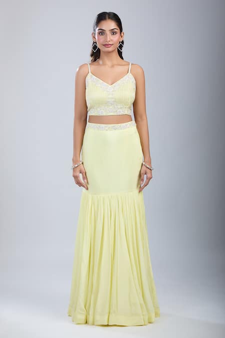 Shop_Samyukta Singhania_Yellow Chinon Sequins, Embroidery V-neck Embellished Blouse And Skirt Set _Online_at_Aza_Fashions