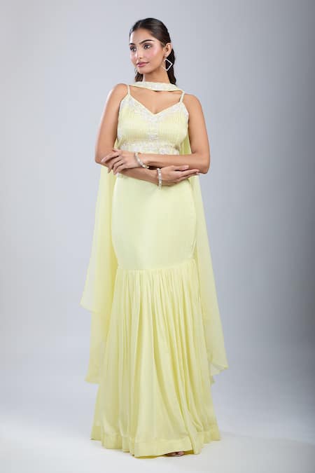 Buy_Samyukta Singhania_Yellow Chinon Sequins, Embroidery V-neck Embellished Blouse And Skirt Set 