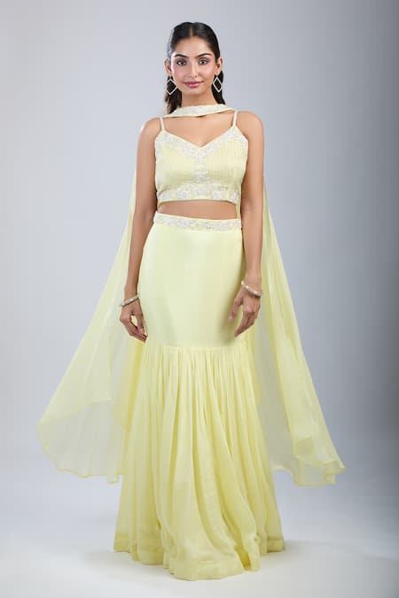 Samyukta Singhania Yellow Chinon Sequins, Embroidery V-neck Embellished Blouse And Skirt Set 