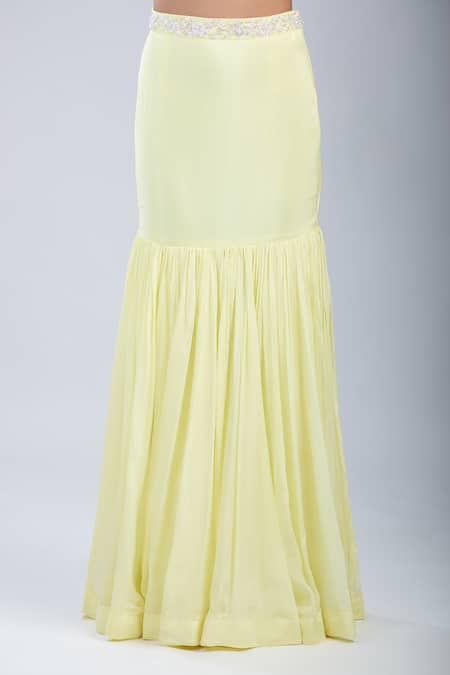 Shop_Samyukta Singhania_Yellow Chinon Sequins, Embroidery V-neck Embellished Blouse And Skirt Set 