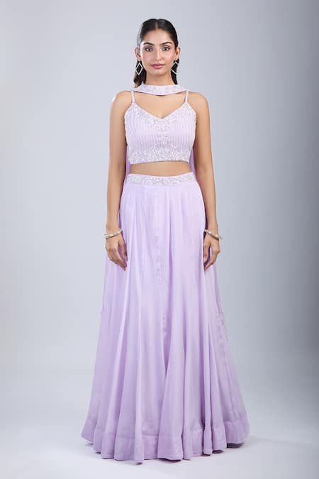 Buy_Samyukta Singhania_Purple Chinon Sequins Asymmetric Floral Embellished Blouse And Skirt Set _Online_at_Aza_Fashions