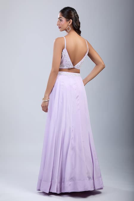 Samyukta Singhania_Purple Chinon Sequins Asymmetric Floral Embellished Blouse And Skirt Set _Online_at_Aza_Fashions