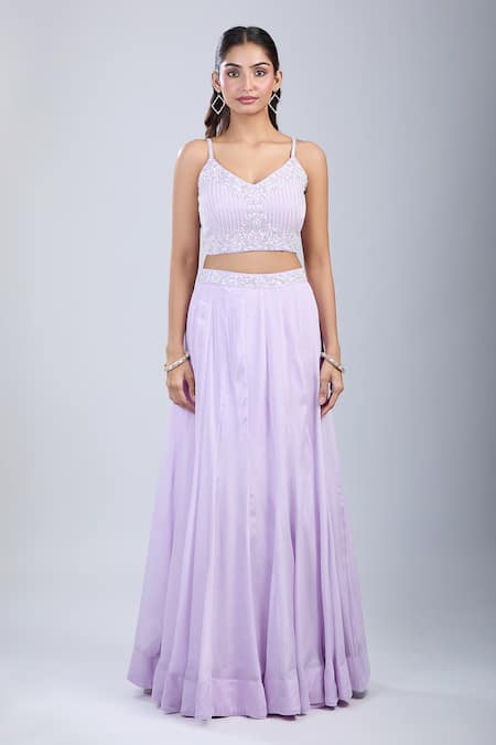 Samyukta Singhania_Purple Chinon Sequins Asymmetric Floral Embellished Blouse And Skirt Set _at_Aza_Fashions