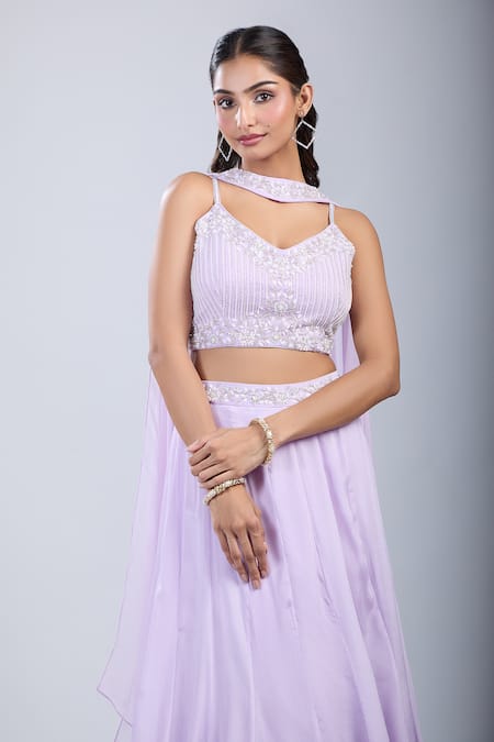 Buy_Samyukta Singhania_Purple Chinon Sequins Asymmetric Floral Embellished Blouse And Skirt Set 