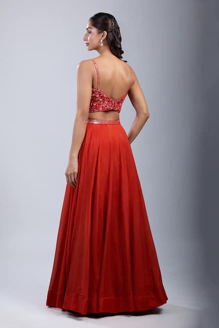 Samyukta Singhania_Orange Chinon Sequins, Embroidery Floral Embellished Blouse And Skirt Set _Online_at_Aza_Fashions