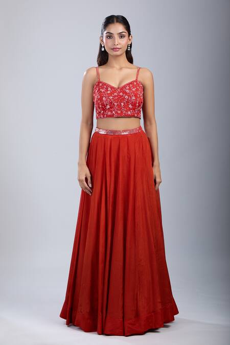 Shop_Samyukta Singhania_Orange Chinon Sequins, Embroidery Floral Embellished Blouse And Skirt Set _Online_at_Aza_Fashions