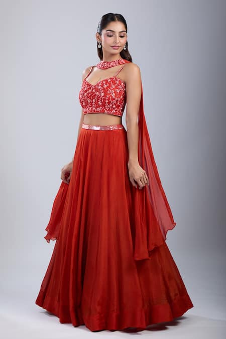 Samyukta Singhania_Orange Chinon Sequins, Embroidery Floral Embellished Blouse And Skirt Set _at_Aza_Fashions