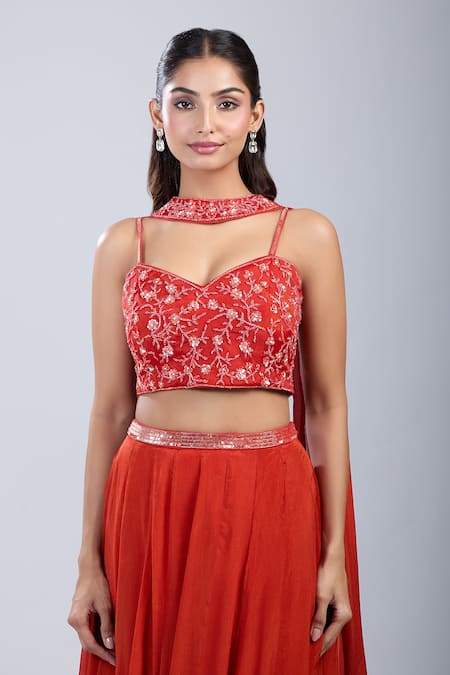 Buy_Samyukta Singhania_Orange Chinon Sequins, Embroidery Floral Embellished Blouse And Skirt Set 